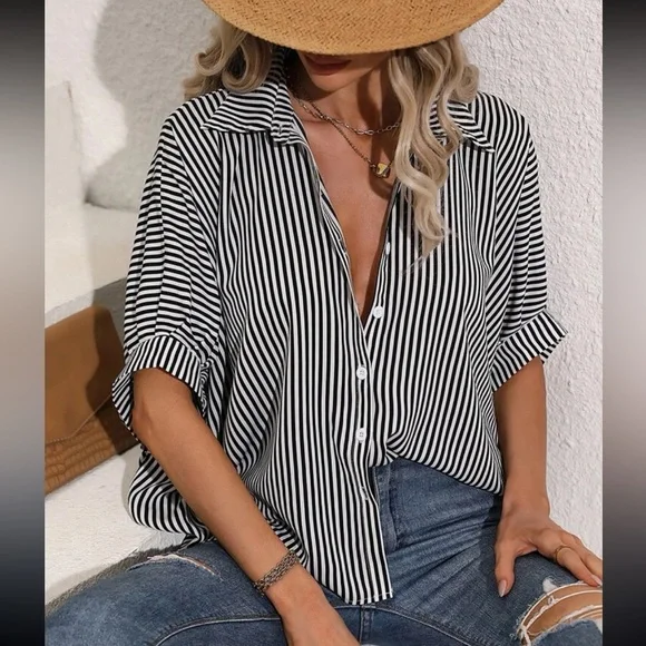 Classic Oversized Loose Fit Stripe Batwing Sleeve Button Down Shirt Top Blouse - Picture 8 of 14